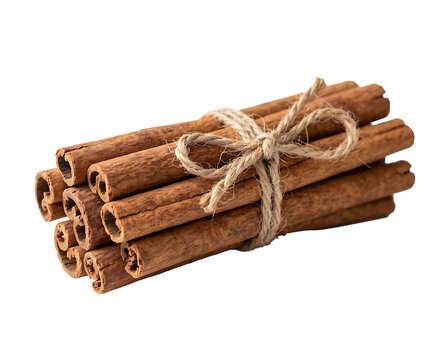Bundle of cinnamon sticks tied with natural twine for culinary use PNG Isolated on transparent background