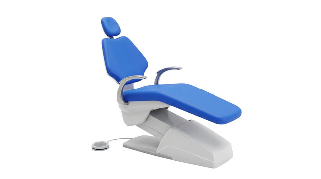 Modern ergonomic blue dental chair with foot control for clinical examination and medical treatment.
