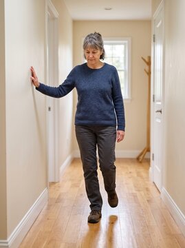 Person walking with an unsteady gait, hand on wall