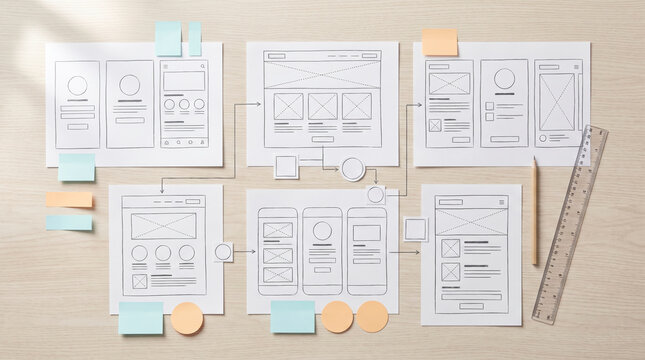 Website wireframe flowcharts with sticky notes and ruler