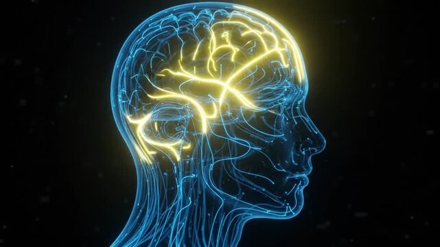 Abstract Neural Network Digital Human Head Blue Yellow Glowing Synapses Connection Concept
