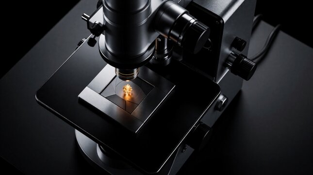 Modern optical microscope examines tiny golden microchip on glass slide. Science tech equipment in dark laboratory. Researcher studies semiconductor hardware electronic component under lens for