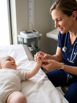 Pediatrician examining a baby's stiff hand