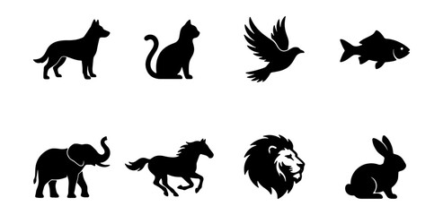 Fototapeta premium A collection of diverse animal silhouettes including a dog, cat, bird, fish, elephant, horse, lion, and rabbit are presented against a white background.