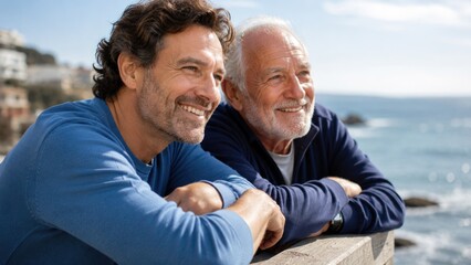 Fototapeta premium Happy Adult Son and Senior Father Enjoying Relaxing Time Together by the Sea