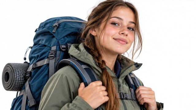 Young Female Backpacker with Hiking Gear Isolated on White Background