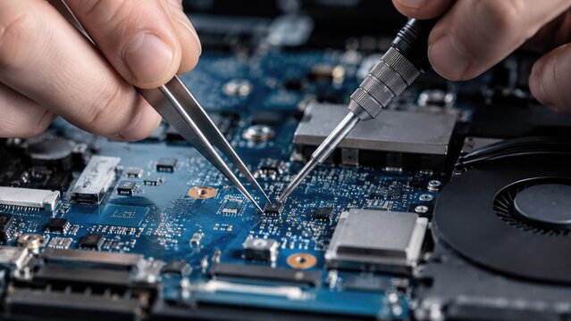Technician Repairing Electronic Circuit Board with Precision Tools in Close Up View
