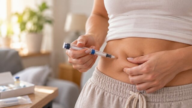 Woman Giving Herself Subcutaneous Injection in Abdomen at Home Close Up
