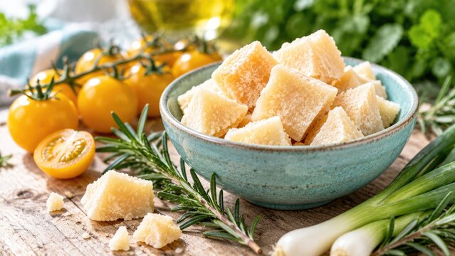 Parmesan Cheese Chunks in Ceramic Bowl with Fresh Vegetables and Herbs