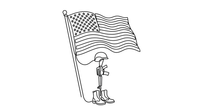 Continuous line drawing of the United States flag with a fallen soldier memorial battlefield cross including helmet, rifle, and combat boots, symbolizing patriotism, sacrifice, and honor.