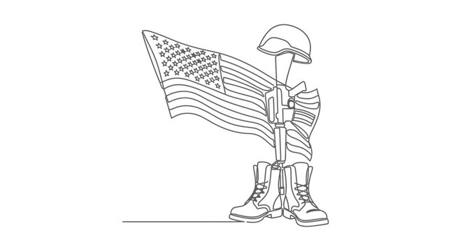 Continuous one line drawing of American flag with fallen soldier battlefield cross memorial including helmet rifle and combat boots, military honor and sacrifice concept for veterans day