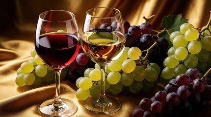 Obraz premium Elegant wine glasses filled with red, white wine sit near fresh grape clusters. Green, purple grapes lie on gold silk fabric. Luxury beverage arrangement for celebration, gourmet dining, winery