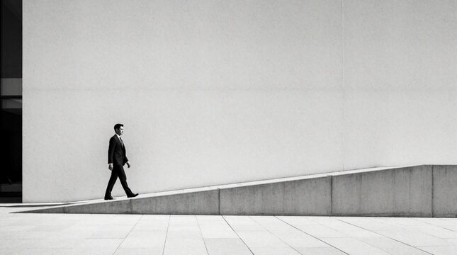 Man in black suit walks alone along concrete ramp near minimalist building. Urban businessman moves past large white wall in modern city architecture. Monochrome style shows lonely pro person walking
