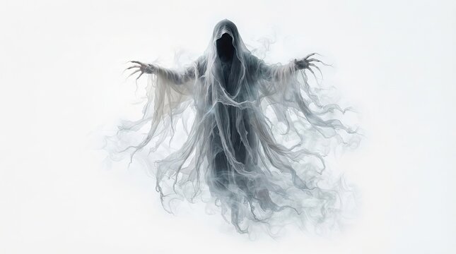 Ethereal ghostly figure dissolving into smoke against a neutral gray background