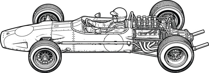Obraz premium Vintage formula one race car with driver in black and white line art style