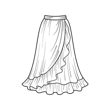 Flowing maxi wrap skirt with ruffle details and elegant drape isolated on white background.