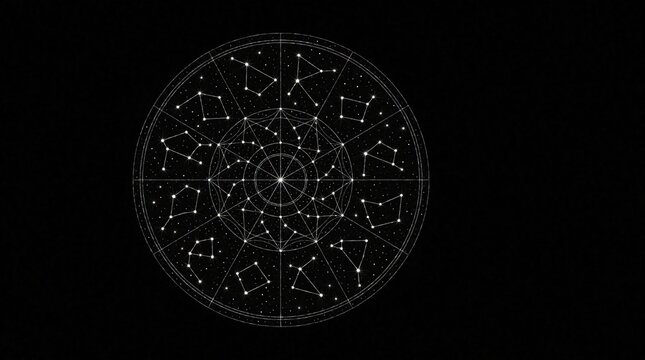 White linear illustration shows solar system, zodiac constellations on black background. Geometric circle design features planets, stars, astrological symbols. Esoteric celestial map displays cosmic