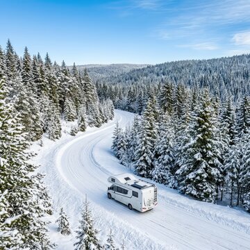 White motorhome travels along a winding, snow-covered road through a dense, winter forest. Coniferous trees laden with fresh snow surround it, scenic, trees, driving