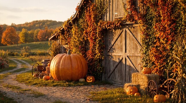 Large orange pumpkin in front of rustic barn in autumn