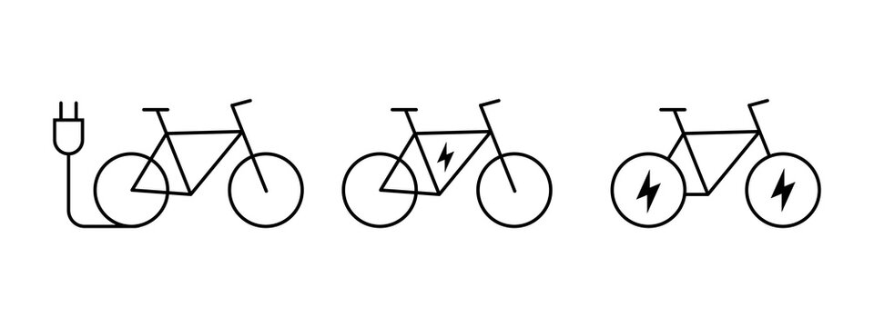Set of three electric bicycle icons with charging plug and lightning bolt symbols in thin line style