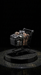 Fototapeta premium Shopping cart filled with wrapped gift boxes on a display platform. Black Friday retail shopping and holiday sales. E-commerce promotions, consumer spending and gift buying