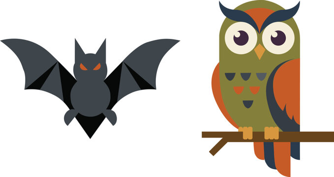 Cute cartoon bat and owl vector illustration isolated on white background, Halloween animals