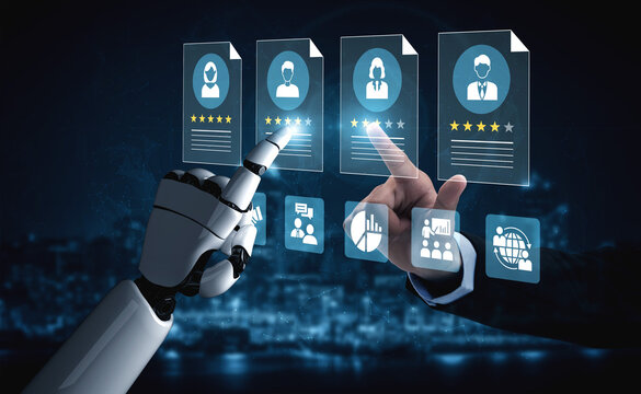 A blend of artificial intelligence and human interaction is depicted through a robot hand and touchscreen displaying digital profiles and ratings, showcasing futuristic technology. Ledger