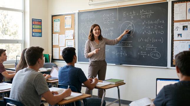 Engaging female high school teacher standing before a chalkboard with math formulas, explaining a lesson to students in a bright classroom. Educational portrait, inspiring.