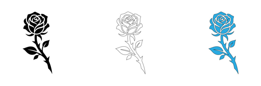Three stylized roses in black, white, and blue vector illustration isolated on white background, Vector