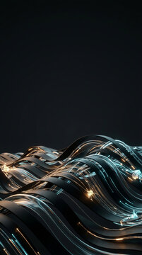 Abstract data ribbons with circuit traces on dark background. Artificial intelligence network visualization. Black Friday and Halloween campaign concept. Digital technology and cybersecurity