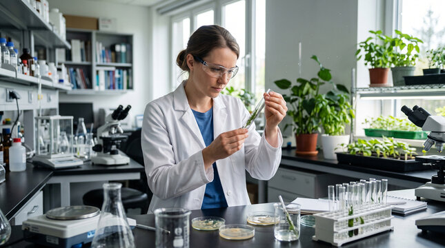Dedicated female research scientist in a white lab coat examining a rare green plant sample in a test tube inside a botanical laboratory. Natural light, scientific discovery.