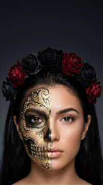 Woman with half-face skull makeup and red and black rose crown. Halloween costume and sugar skull face paint. D&iacute;a de Muertos makeup and festival styling. Seasonal beauty and costume design