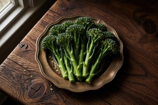 Fresh raw broccolini on ceramic plate atop rustic wooden table. Green vegetable stalks with florets prepared for healthy cooking. Organic farm produce with scattered seeds on dark wood background for