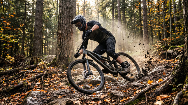 Athletic male mountain biker navigating a rugged rocky forest trail with autumn leaves. Splattering mud frozen in mid-air, intense focus, dramatic natural lighting.