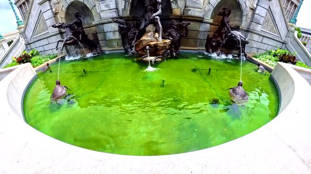 Slow camera rise centers bronze mythological sculpture against the Library of Congress facade.
