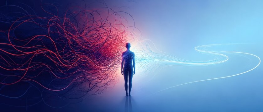 Abstract human silhouette amidst chaotic energy transforming into ordered light streams