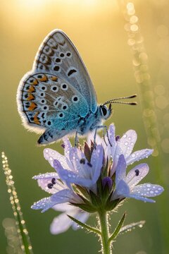 Blue butterfly Polyommatus icarus sits on purple flower with morning dew drops. Macro shot of insect on blossom in forest during sunrise. Small winged animal rests on garden plant in natural light