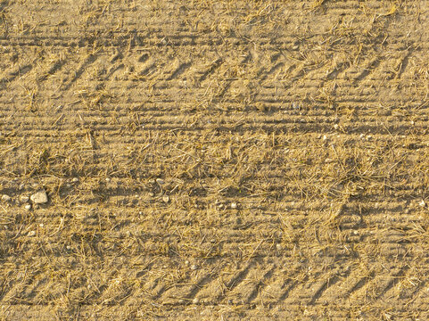 Aerial view of dry farmland with parallel tractor tire tracks and scattered straw in soft morning light.