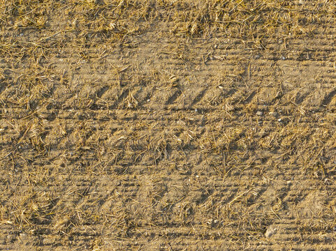 Aerial view of harvested farmland with parallel tractor tire tracks and dry stubble in soft morning light.