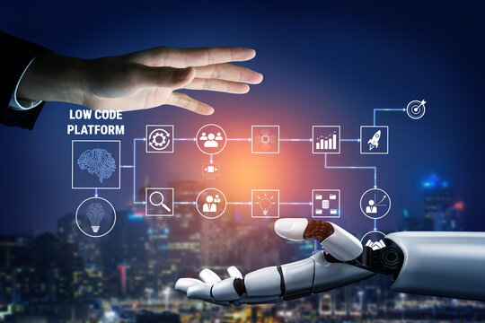 Futuristic collaboration between human and robot showcasing low code platform technology with digital icons in urban skyline background Quark.