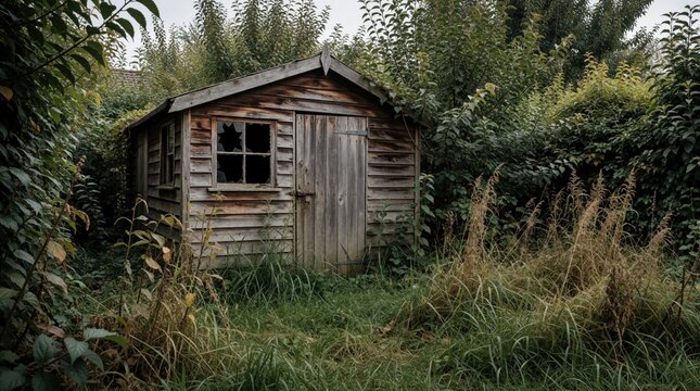 Old abandoned wooden garden shed stands in overgrown backyard. Rustic weathered outbuilding sits among tall grass, green bushes. Neglected dilapidated structure with broken window pane, aged timber