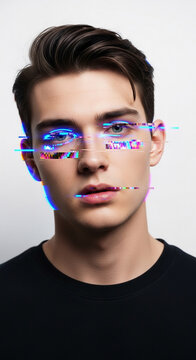 Young man's face with glitch effect over eyes and mouth, symbolizing digital disruption and identity, abstract concept