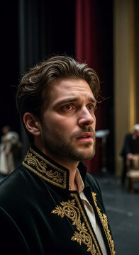 Man with expressive eyes wearing an ornate black jacket, representing drama, performance, or historical character portrayal.