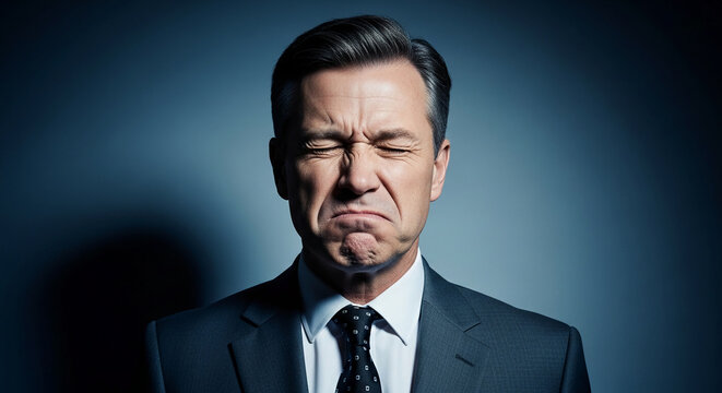 Man in suit grimacing with eyes closed, showing distress or pain, representative of stress, failure, or anxiety in business.