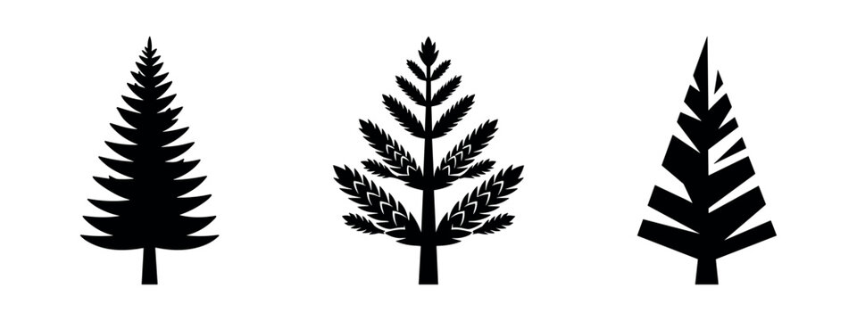 Silhouettes of three stylized trees resembling wheat or pine cones