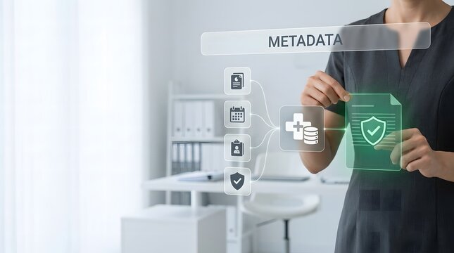 Businesswoman interacting with futuristic data visualization and security interface in a modern office setting