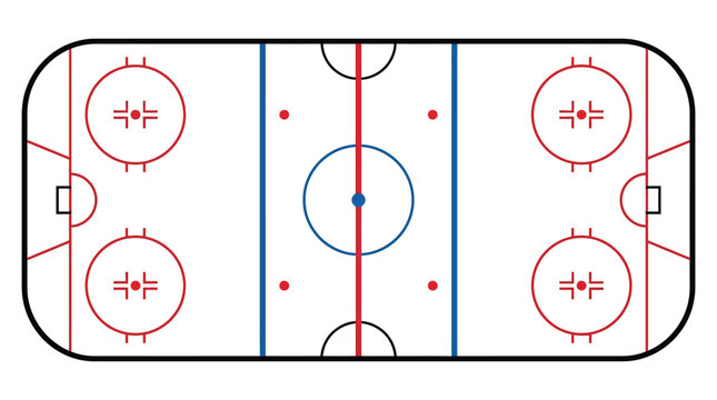 Professional ice hockey rink diagram featuring red lines, blue lines, faceoff circles, and goals