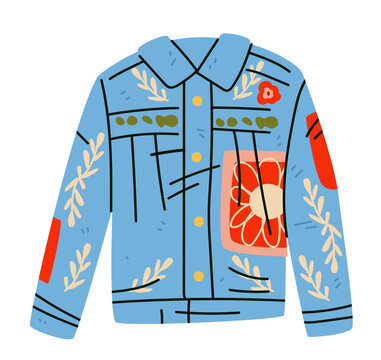 Embroidered denim jacket embroidery creative hobby floral patches leaf patterns decorative slow living crafts colorful apparel isolated on white