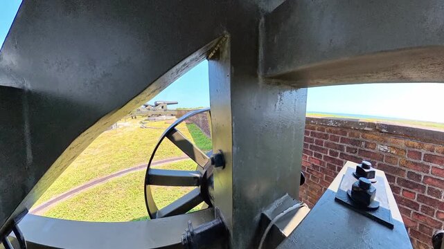 Moving past the carriage reveals a cannon above the North Carolina fort courtyard.
