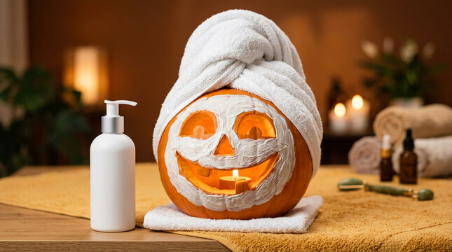 Carved pumpkin with facial mask & towel, on spa table with lotion, oils, and candle, suggesting autumn self-care.